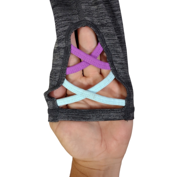 Gaiam Om Yoga Capri Leggings Gray Medium Auqa Purple Side Detail - Picture 6 of 10